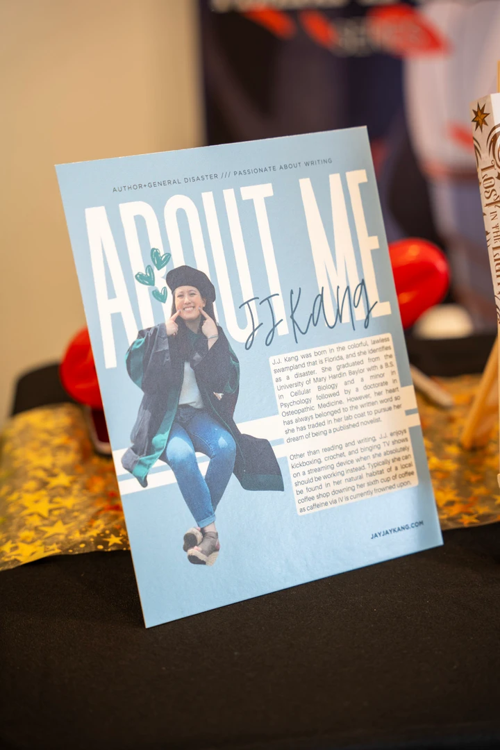 An author information card at a book stall.