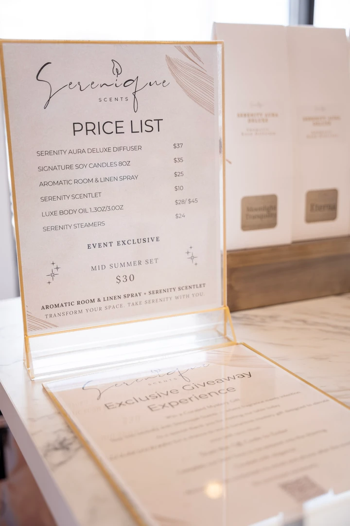 A price list beside a beauty-product display.