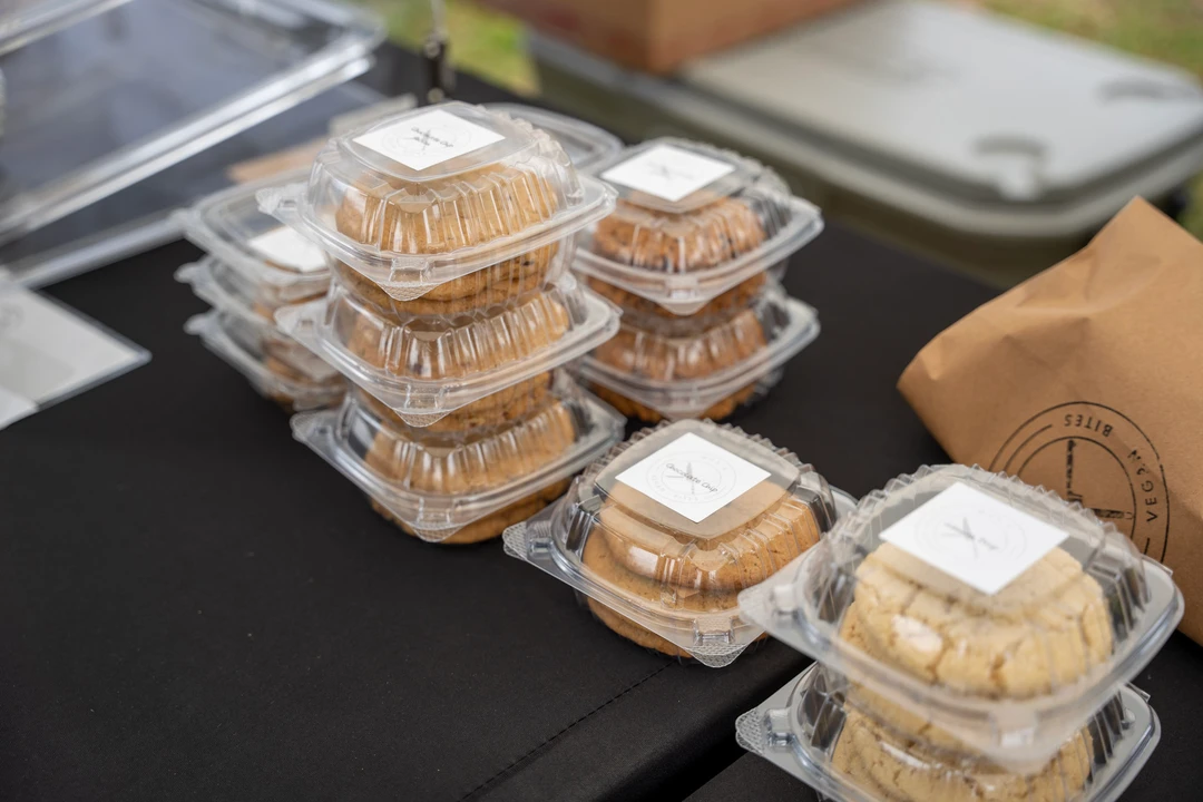 Packaged baked goods and their printed menu cards.