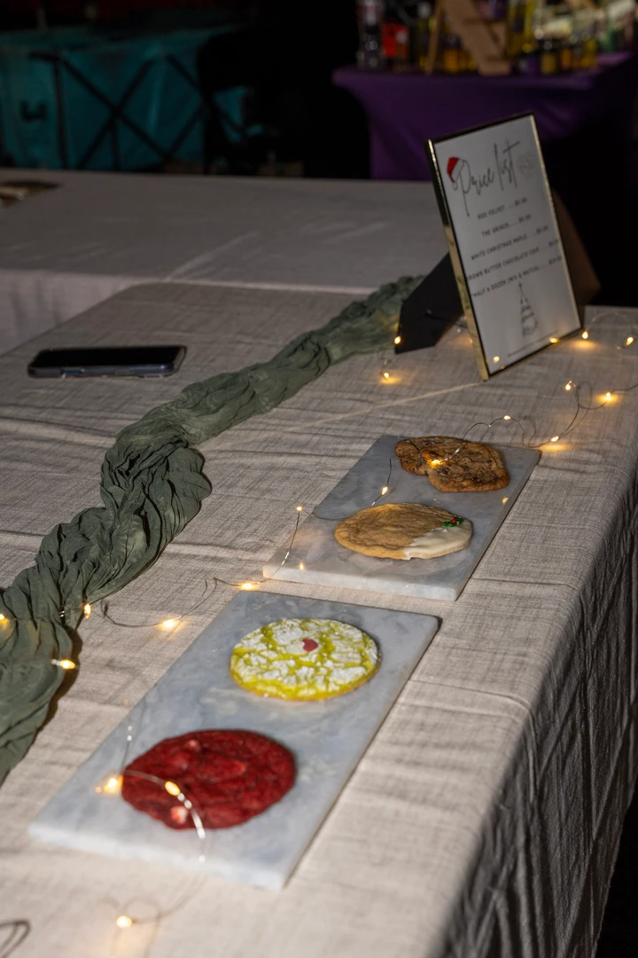 Packaged baked goods and a printed menu card.
