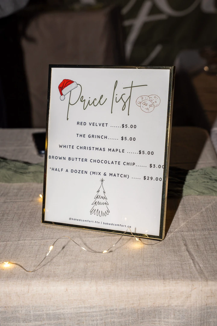 Packaged baked goods and a printed menu card.