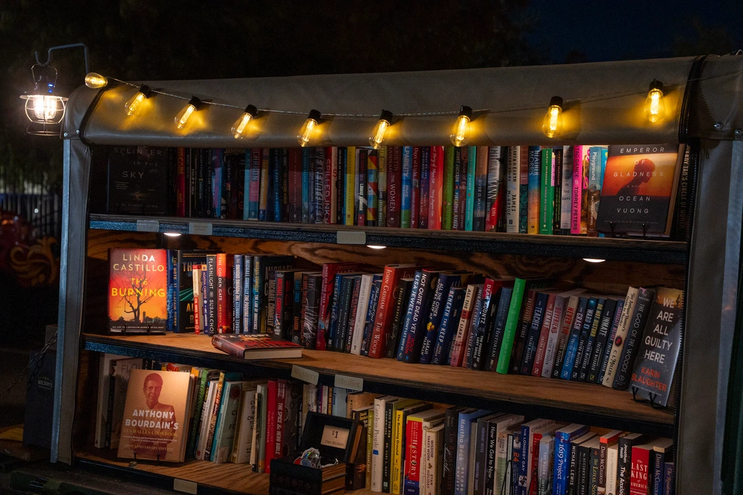 Rows of colorful books beneath warm shelf lights.