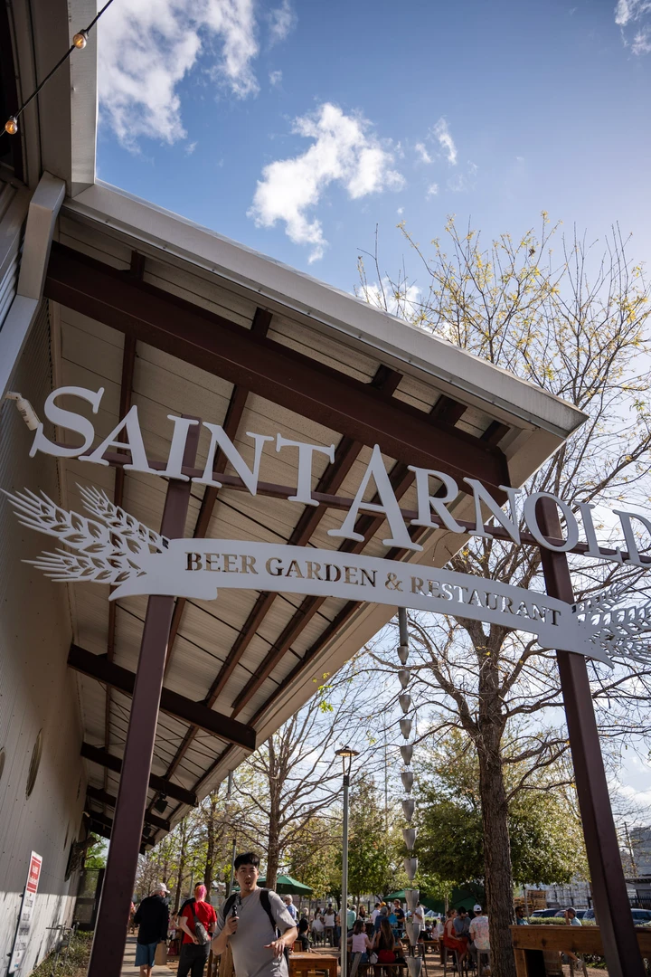 Saint Arnold signage beneath the roofline.